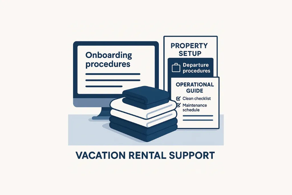 Visual showing linens, onboarding checklists, and operational guides used in owner hosted property management.