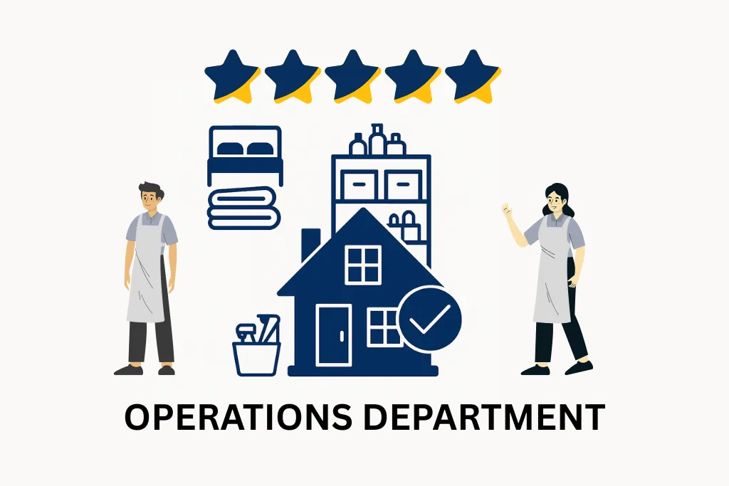 Illustration of a owner hosted property management services including a house, bed linens, supply shelving, cleaning tools, and staff with five-star icons above.