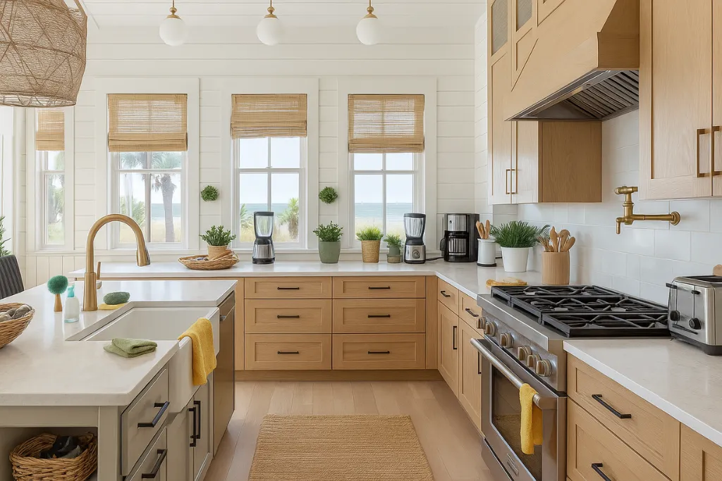 A disorganized kitchen with cluttered countertops, showing the lack of operational structure for vacation rentals before professional setup.