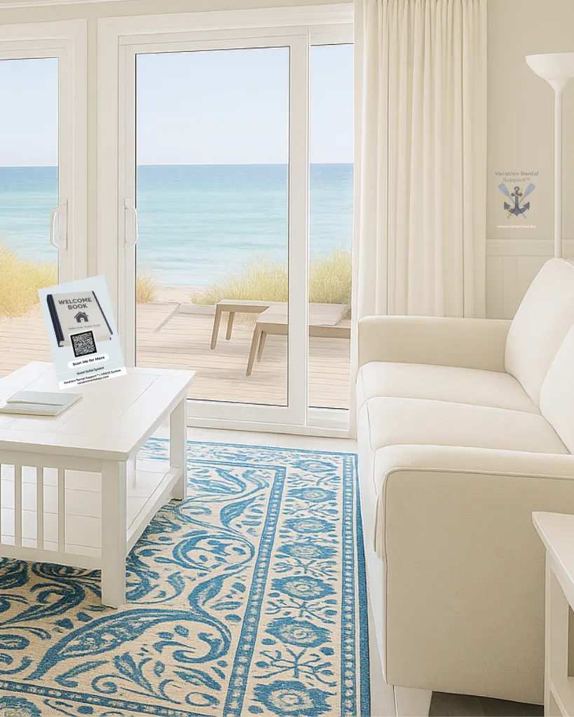 Coastal living room with guest welcome book on coffee table and ocean view, encouraging custom vacation rental support quotes.