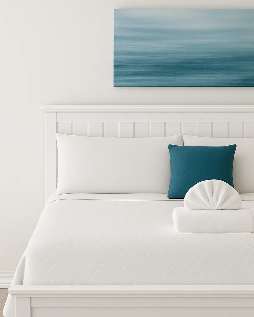 Modern white bedroom with clean lines and folded towels, used on the About Vacation Rental Support™ page to illustrate guest-ready design.