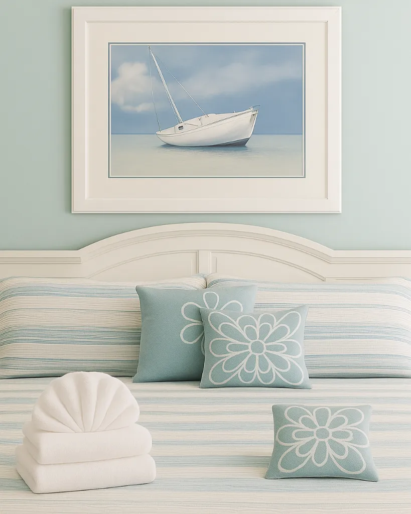 Bright white & Teal vacation rental bedroom setup with folded towels, used on the About Vacation Rental Support™ page.