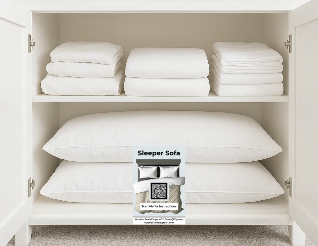 Folded white linens and pillows in a cabinet with a sleeper sofa VRSOS system, representing Five-star performance tools for vacation rentals.
