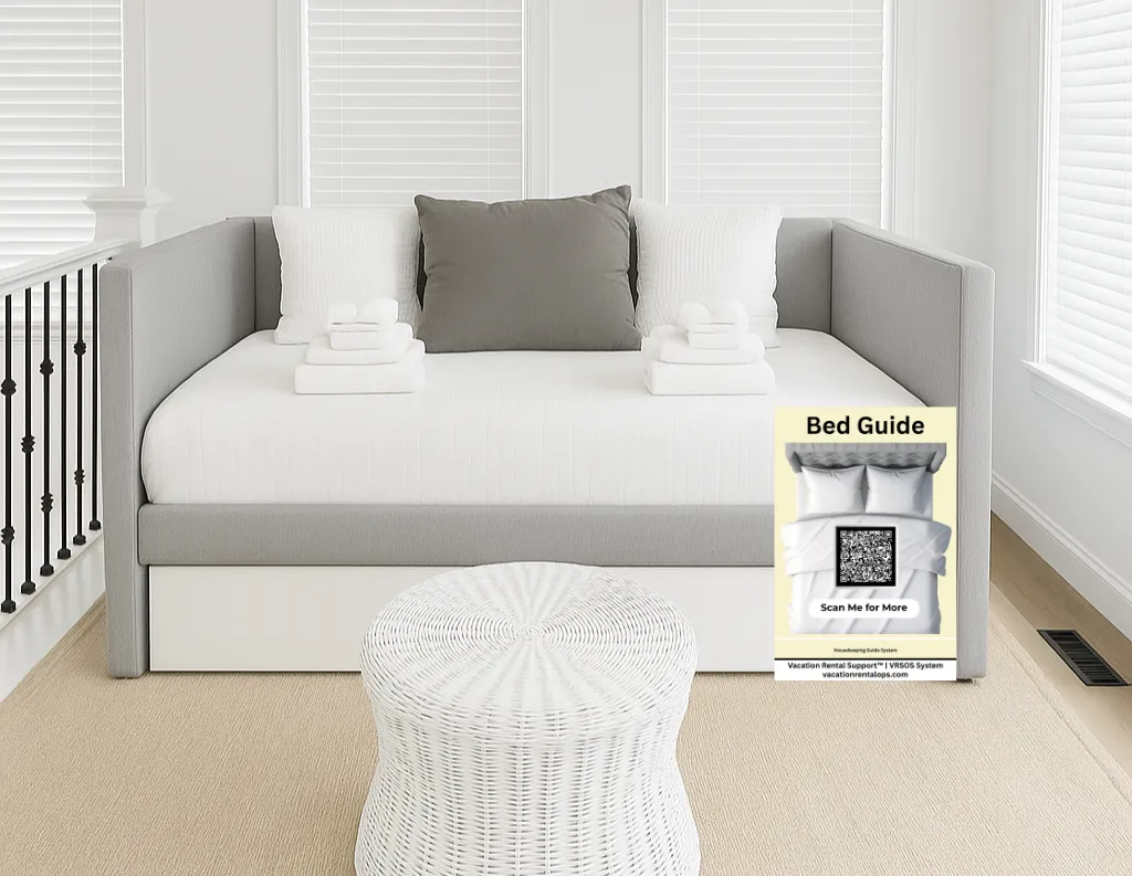 Daybed with labeled linens and a VRSOS System bed guide sign, showcasing setup standards for vacation rental success.