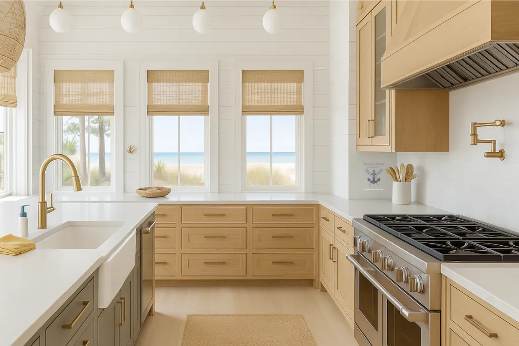 A bright, organized coastal kitchen demonstrating a clutter-free environment as part of an operational structure for vacation rentals.