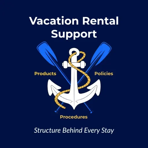 About Vacation Rental Support logo featuring an anchor wrapped with rope and crossed paddles, labeled with Products, Policies, and Procedures.