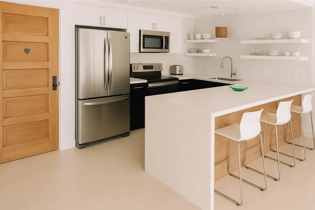 Modern vacation rental kitchen with labeled open shelves and clean guest-ready layout.