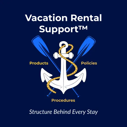 About Vacation Rental Support logo featuring an anchor wrapped with rope and crossed paddles, labeled with Products, Policies, and Procedures.