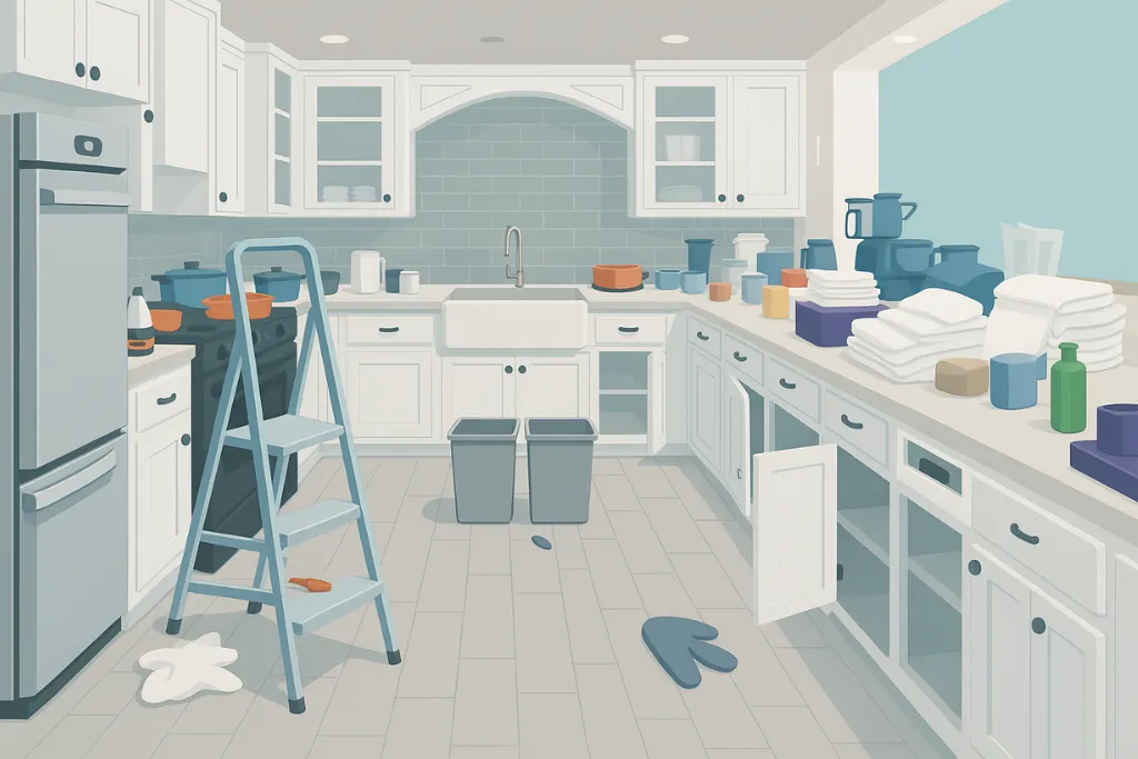 Illustration of a cluttered vacation rental kitchen before onboarding and decluttering by Vacation Rental Support™.