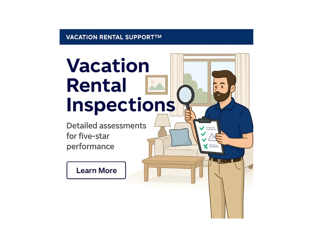Digital illustration showing a professional vacation rental inspection in progress with checklist and organized space.
