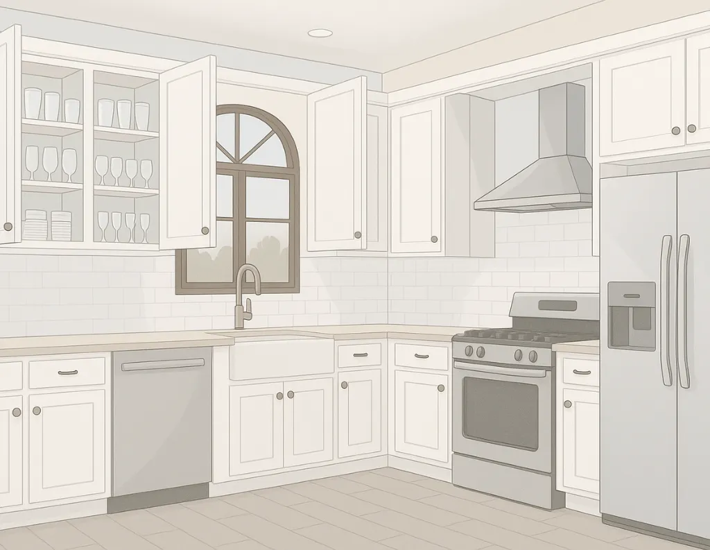 A white cabinet vacation rental kitchen with open cabinets showing neatly arranged drink glasses organized by size and shape, countertops left empty for clarity.