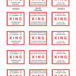 Custom king bed linen labels with property ID or resort name – 58 character iron-on tags for vacation rental bedding.