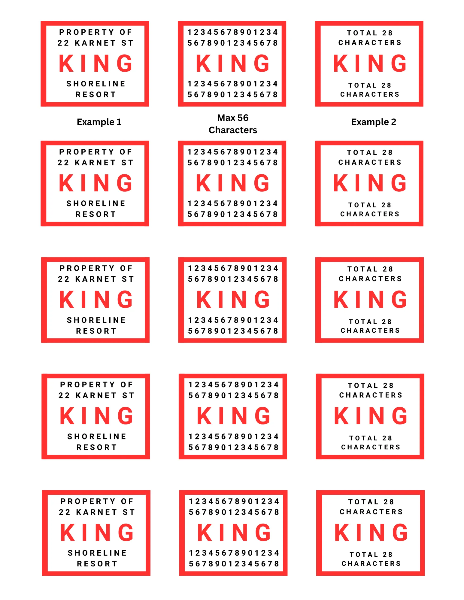 Custom king bed linen labels with property ID or resort name – 58 character iron-on tags for vacation rental bedding.