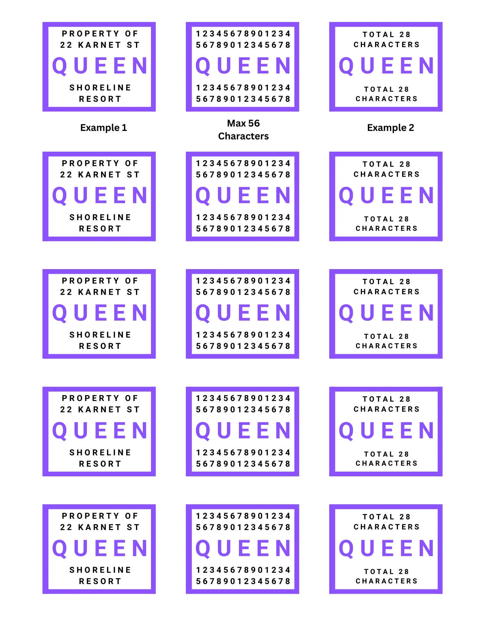 Custom queen bed linen labels with property ID or resort name – 58 character iron-on tags for vacation rental sheets and pillowcases.