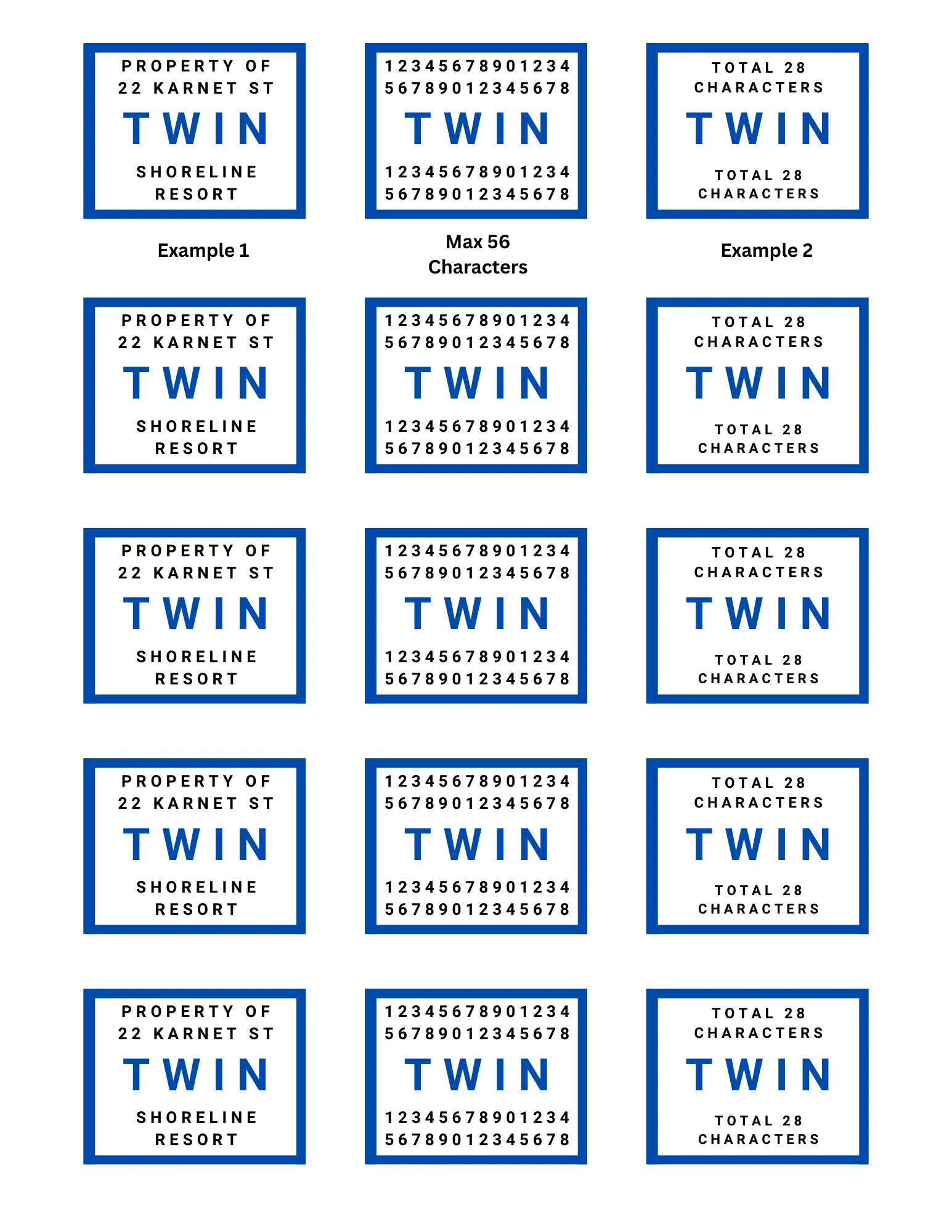 Custom twin bed linen labels with property ID or resort name – 58 character iron-on tags for vacation rental sheets and pillowcases.